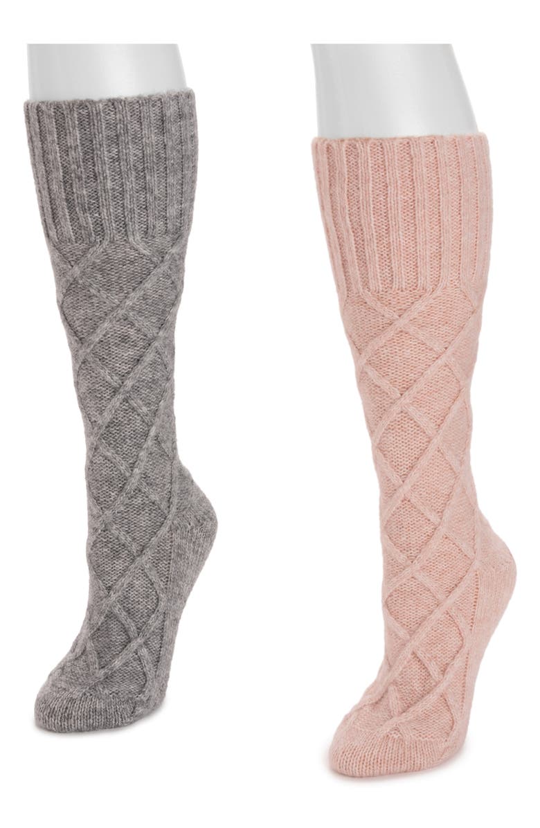 MUK LUKS Lounge Lattice Crew Socks, Alternate, color, Pink-Grey