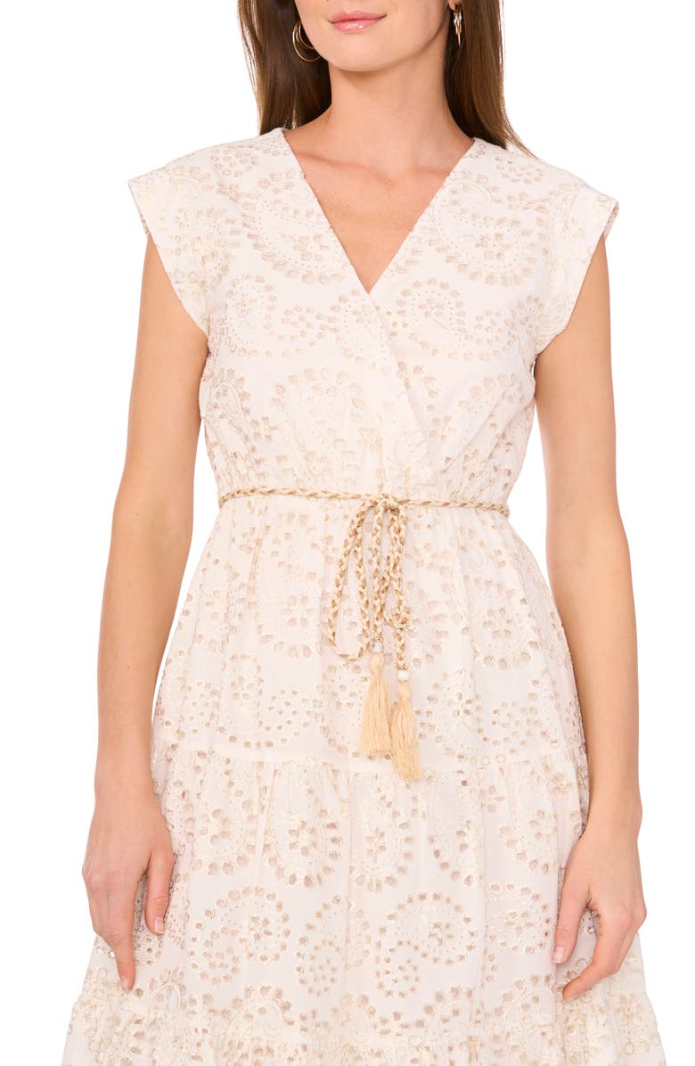 Vince Camuto Eyelet Tie Waist Tiered Midi Dress, Alternate, color, Ultra White