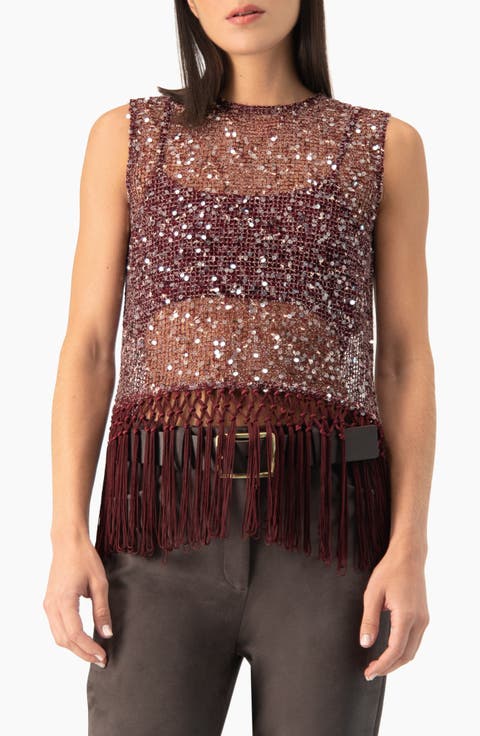 Sequin Mesh Top With Fringe Detail