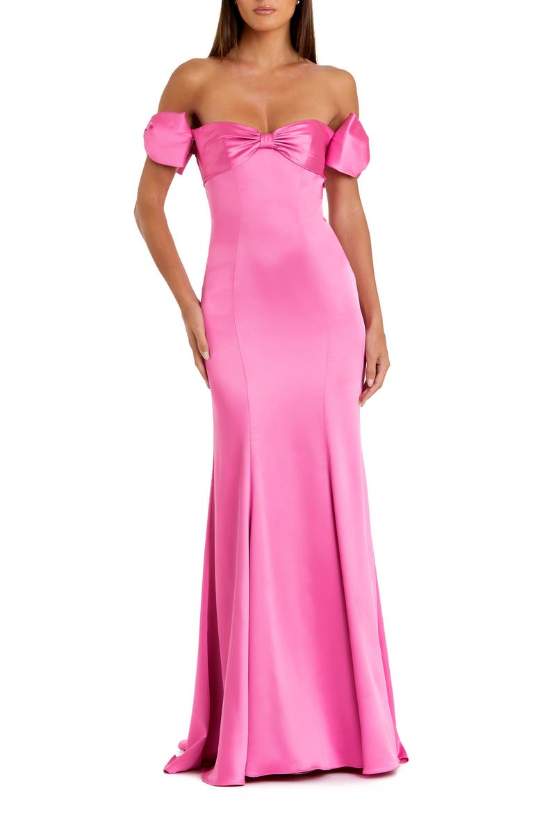 Off The Shoulder Statement Bow Satin Mermaid Gown, Main, color, Pink