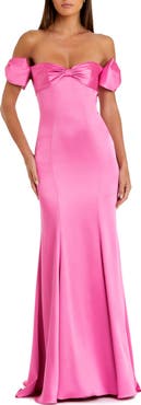 Mac Duggal Off The Shoulder Statement Bow Satin Mermaid Gown