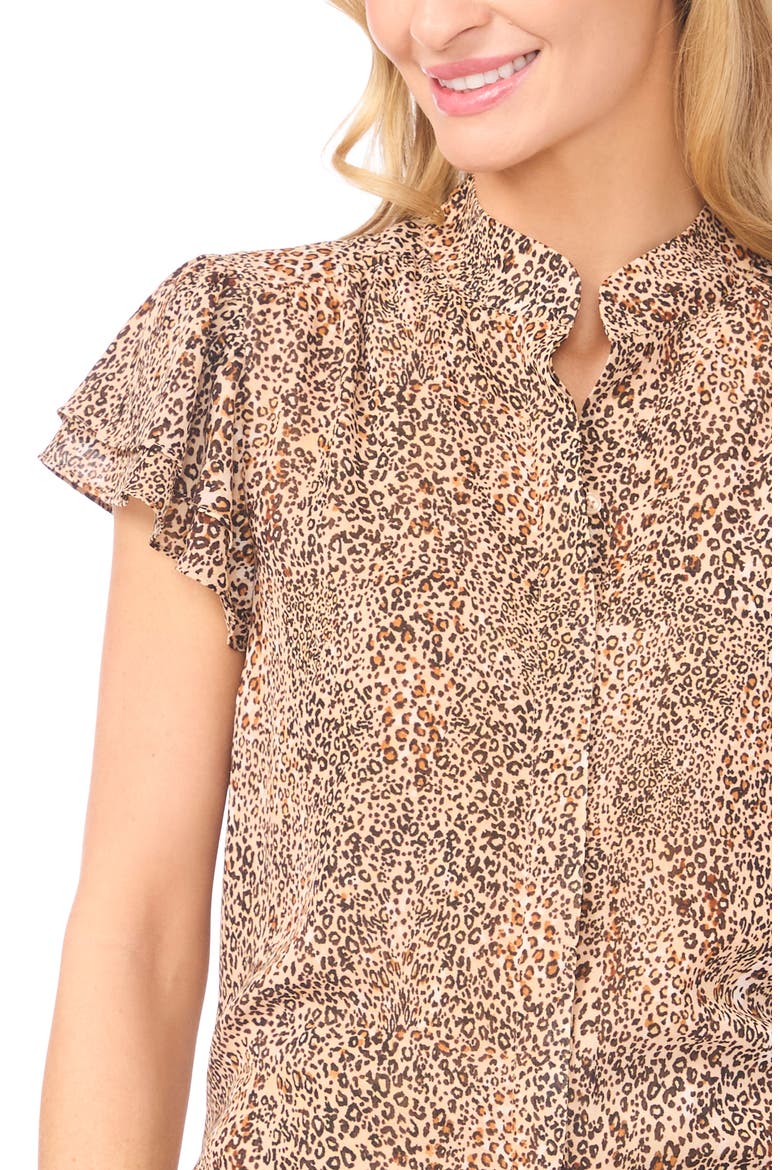 Leopard Print Chiffon Button-Up Shirt, Alternate, color, DUNE
