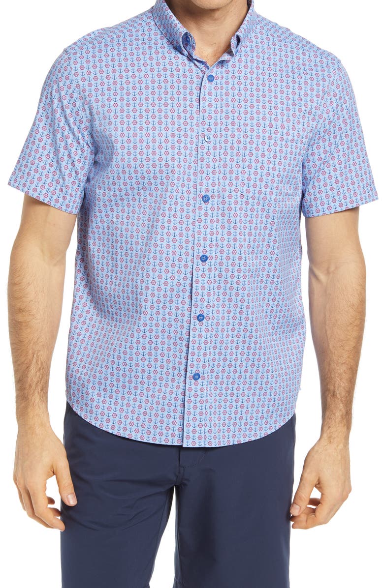 Johnston & Murphy XC4 Anchor Print Stretch Short Sleeve Button-Down Shirt, Main, color, 