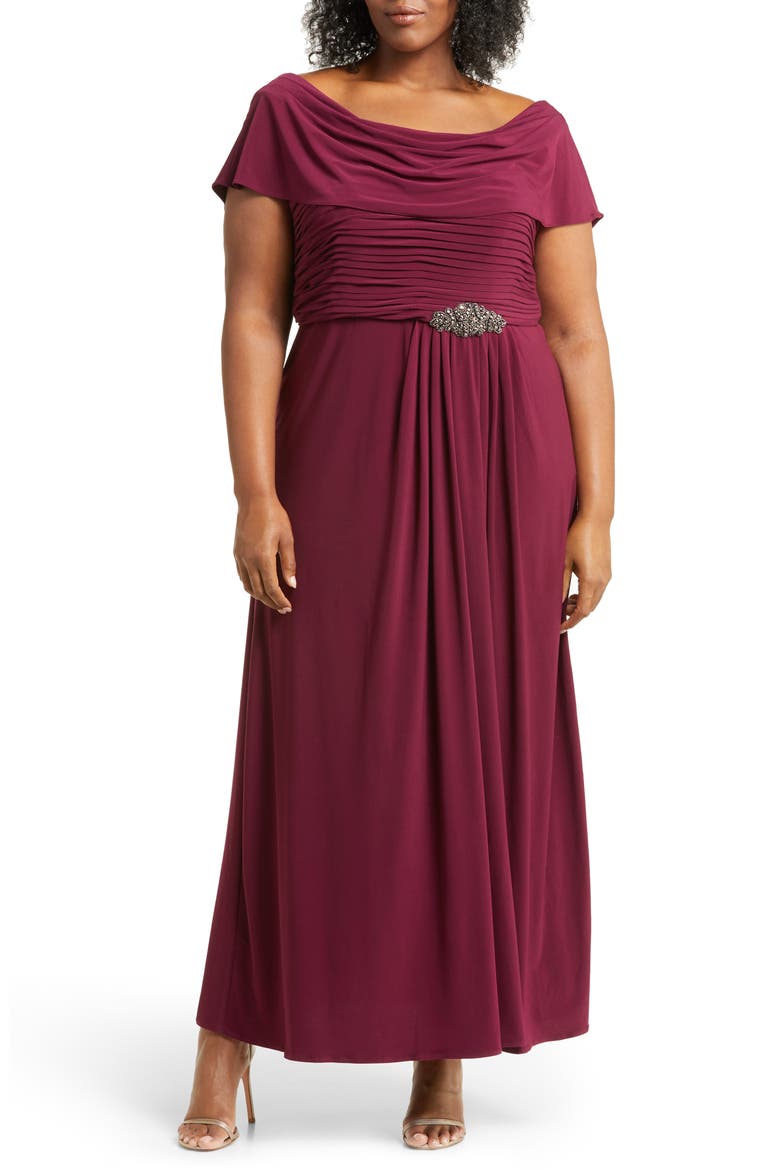 Cowl Neck Beaded Waist Gown, Main, color, MERLOT