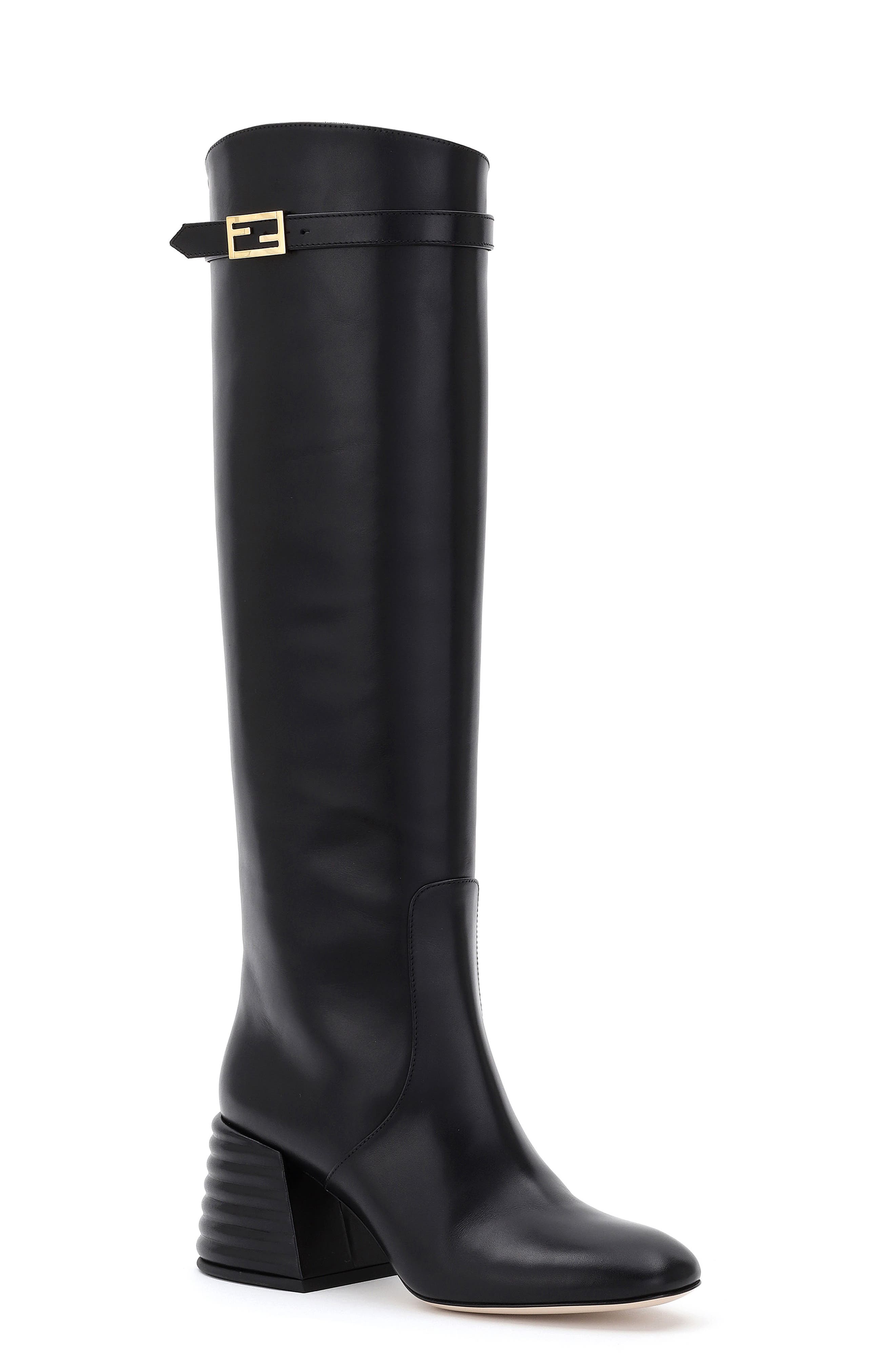 Fendi Buckle Detail Block Heel Knee High Boot, Main, color, 