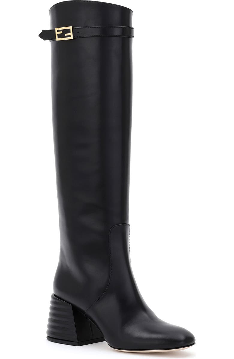 Fendi Buckle Detail Block Heel Knee High Boot, Main, color,