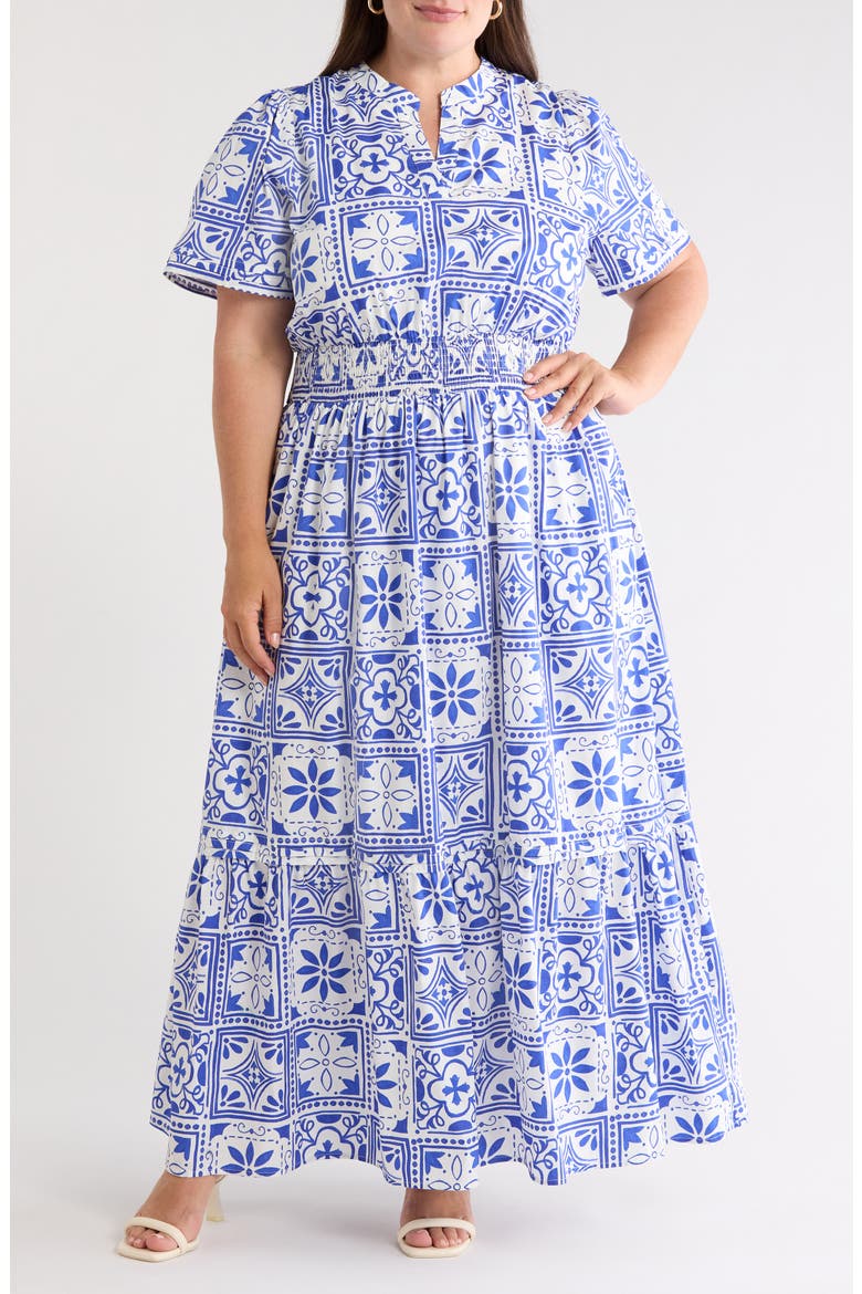 Arbor Belraj Floral Tile Cotton Poplin Maxi Dress, Main, color, BLUE/ WHITE
