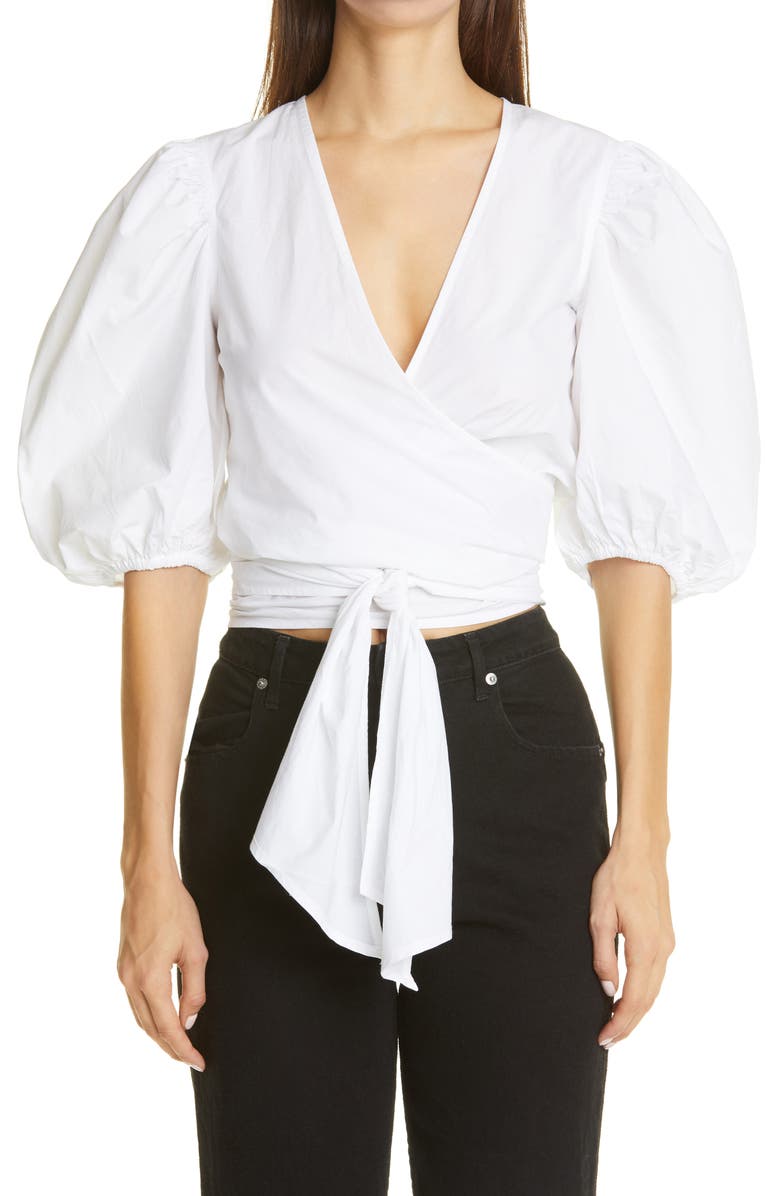 Ganni Organic Cotton Poplin Wrap Top, Main, color, 