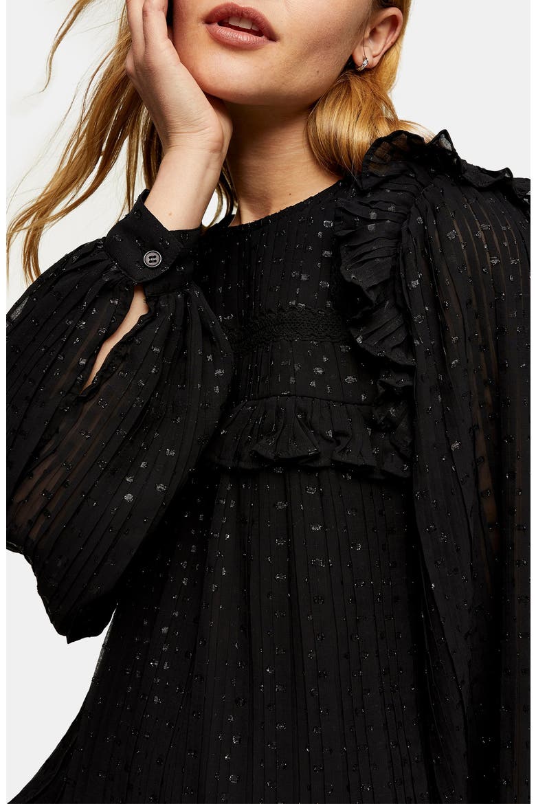 Metallic Dot Pleated Yoke Blouse, Alternate, color, BLACK