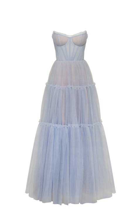 Cloudy Blue Tulle Maxi Dress With Ruffled Skirt