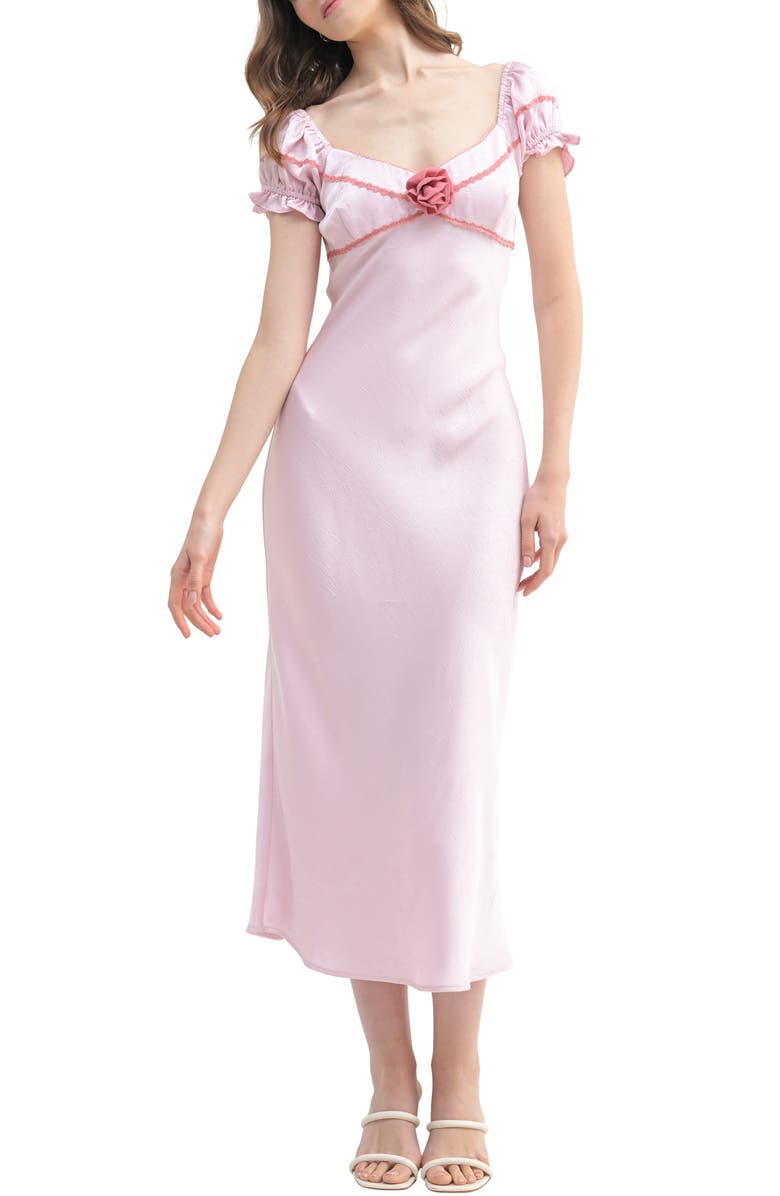 Lush Flower Appliqué Short Sleeve Midi Dress, Main, color, 