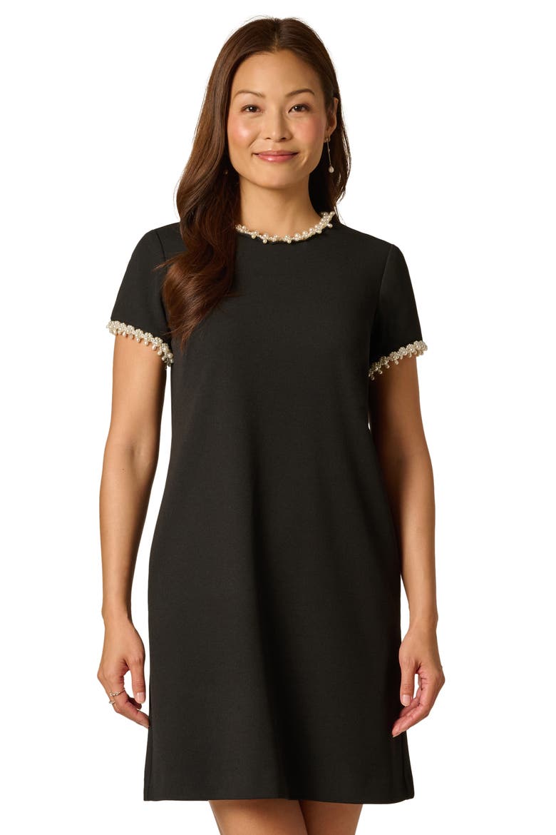 Faux Pearl Detail Crepe Dress, Alternate, color, BLACK/ IVORY