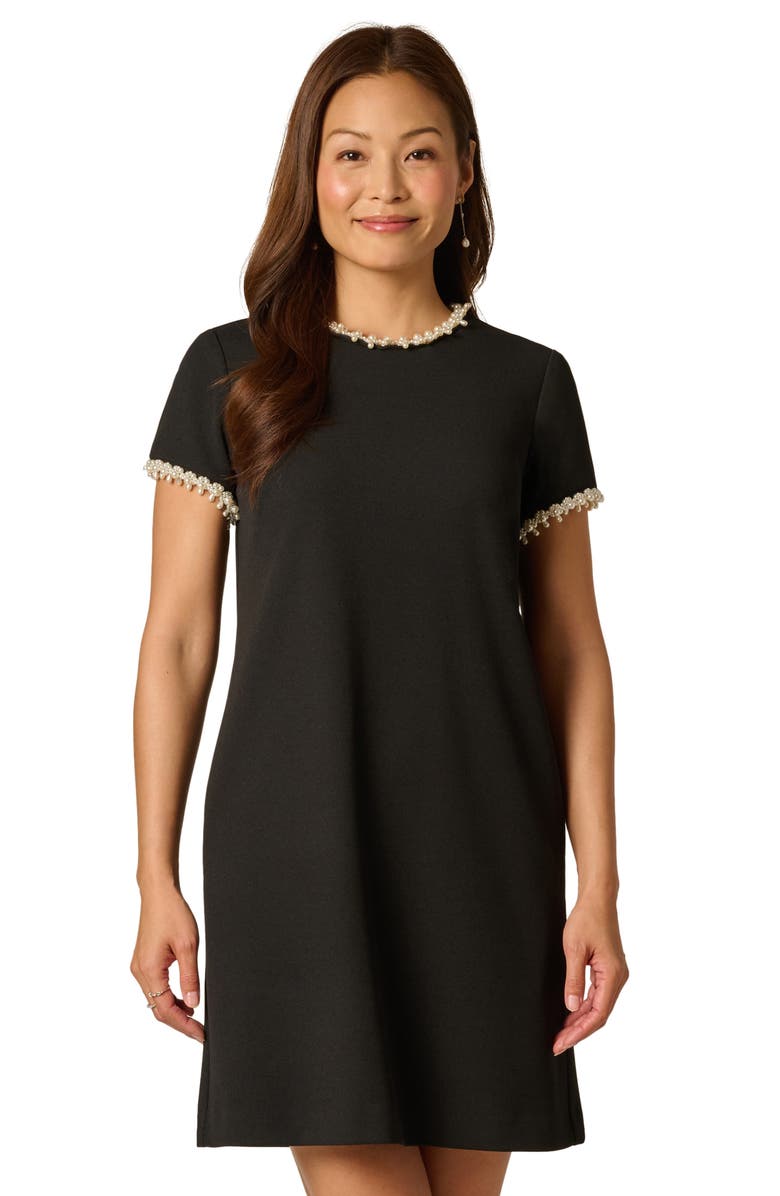 Adrianna Papell Faux Pearl Detail Crepe Dress, Alternate, color, Black/ Ivory