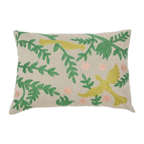 Cotton Chambray Lumbar Pillow with Bird Embroidery