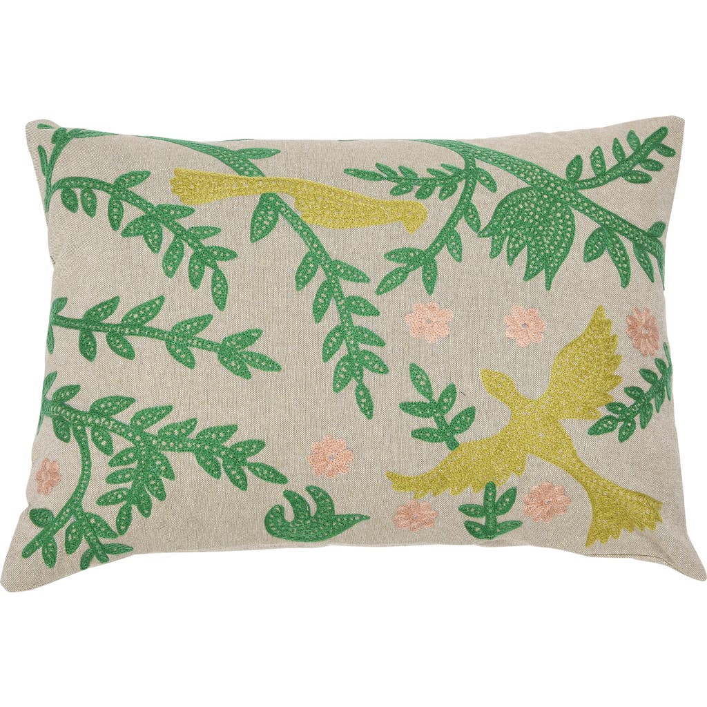 Storied Home Cotton Chambray Lumbar Pillow With Bird Embroidery In Green