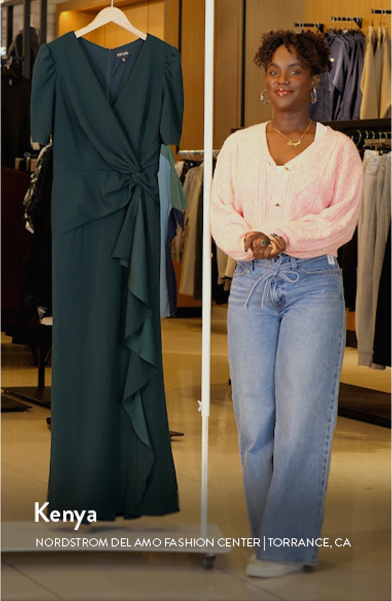 Twist Front Scuba Crepe Ruffle Gown, sales video thumbnail