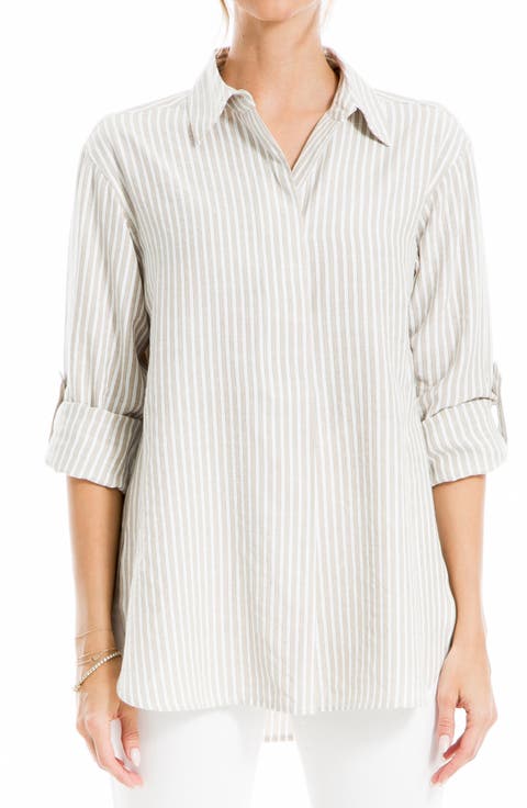 Stripe Oversize Long Sleeve Button-Up Tunic