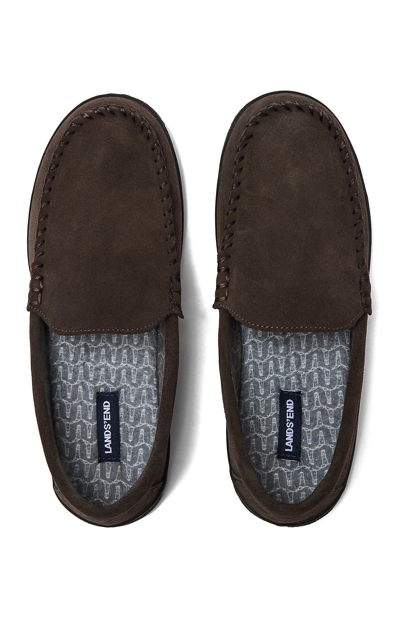 Lands' End Flannel Lined Suede Slip On Moccasin Slippers, Alternate, color, Rich Coffee Suede