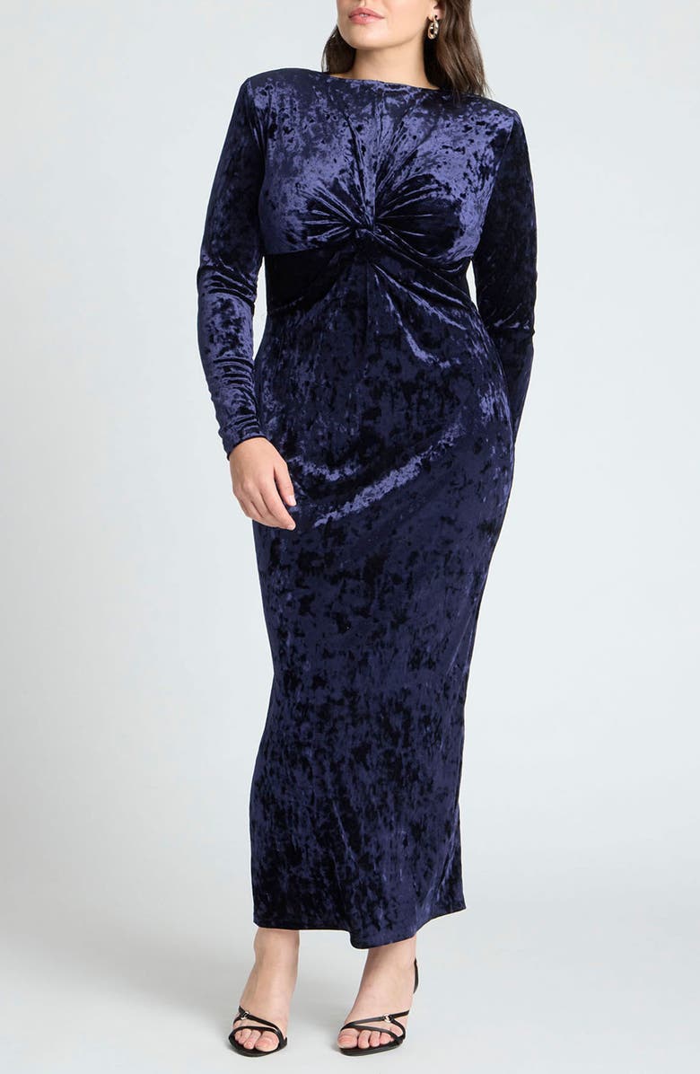 ELOQUII Twist Bodice Long Sleeve Crushed Velvet Maxi Dress, Main, color, 
