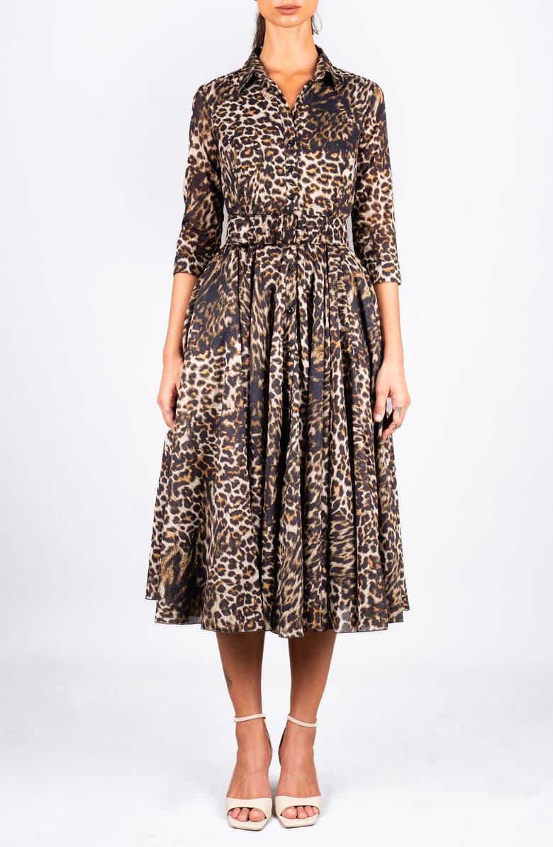 SAMANTHA SUNG Pleated Midi Audrey Shirtdress, Main, color, Animal Print Beige