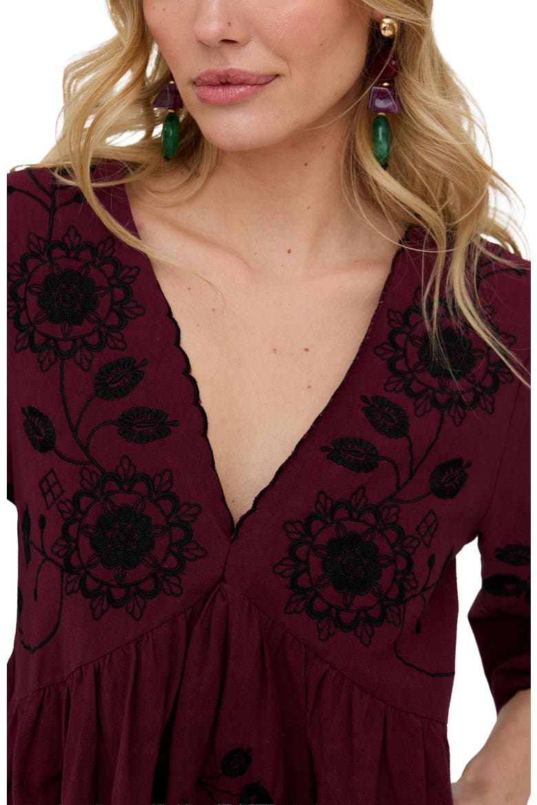 Arabella V- Neck Embroidered Mini Dress, Alternate, color, Burgundy