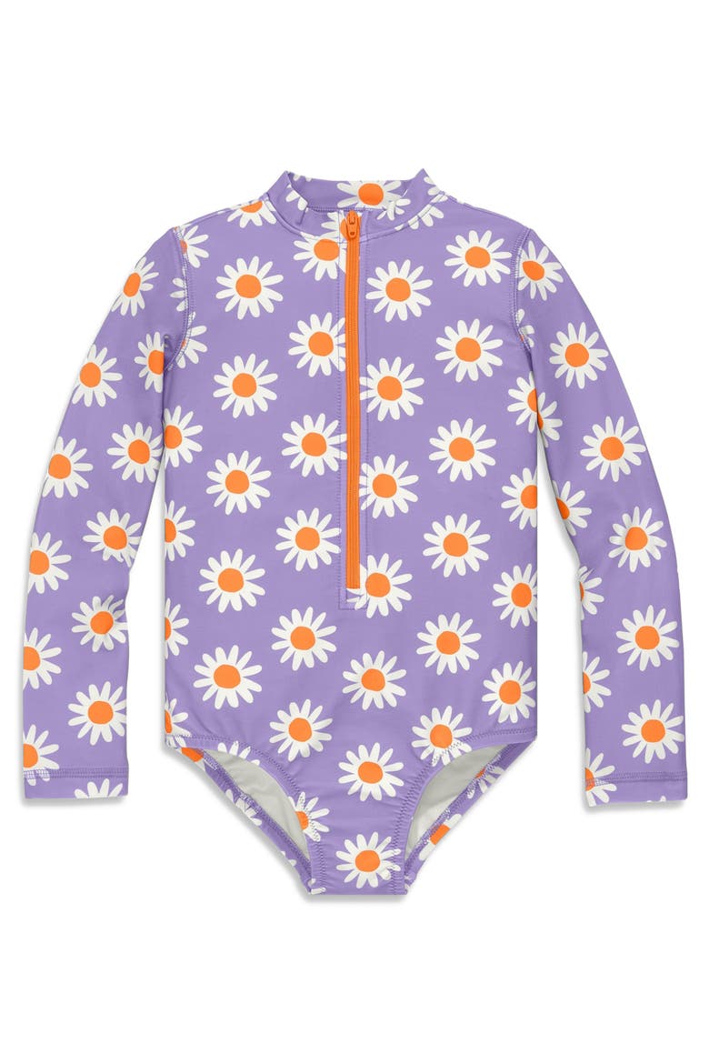 Kids Long Sleeve One-Piece Rash Guard In Daisies, Main, color, Iris Blooms