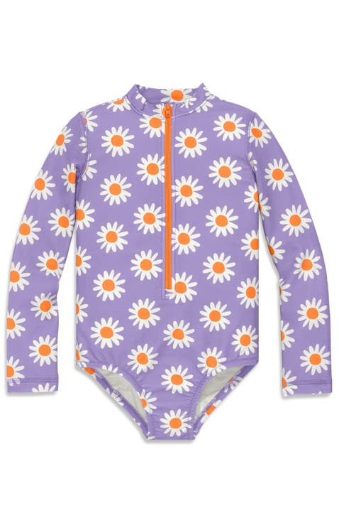 Kids Long Sleeve One-Piece Rash Guard In Daisies (Toddler, Little Kid, Big Kid)