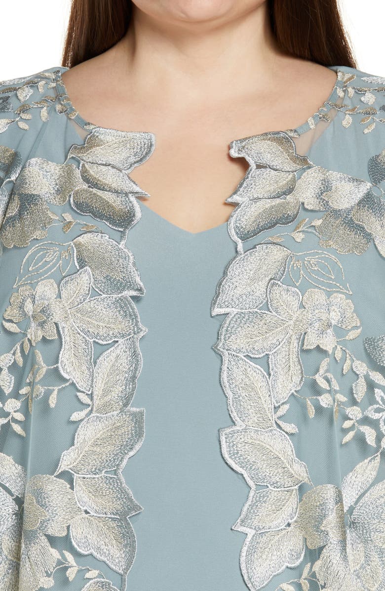 Alex Evenings Embroidered Lace Mock Jacket Cocktail Dress, Alternate, color, Ice Sage
