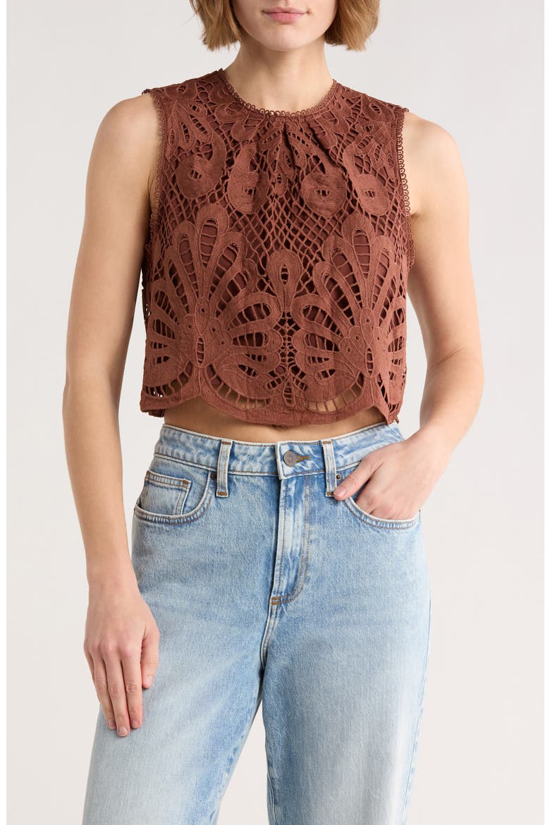 Lace Overlay Top, Main, color, BROWN