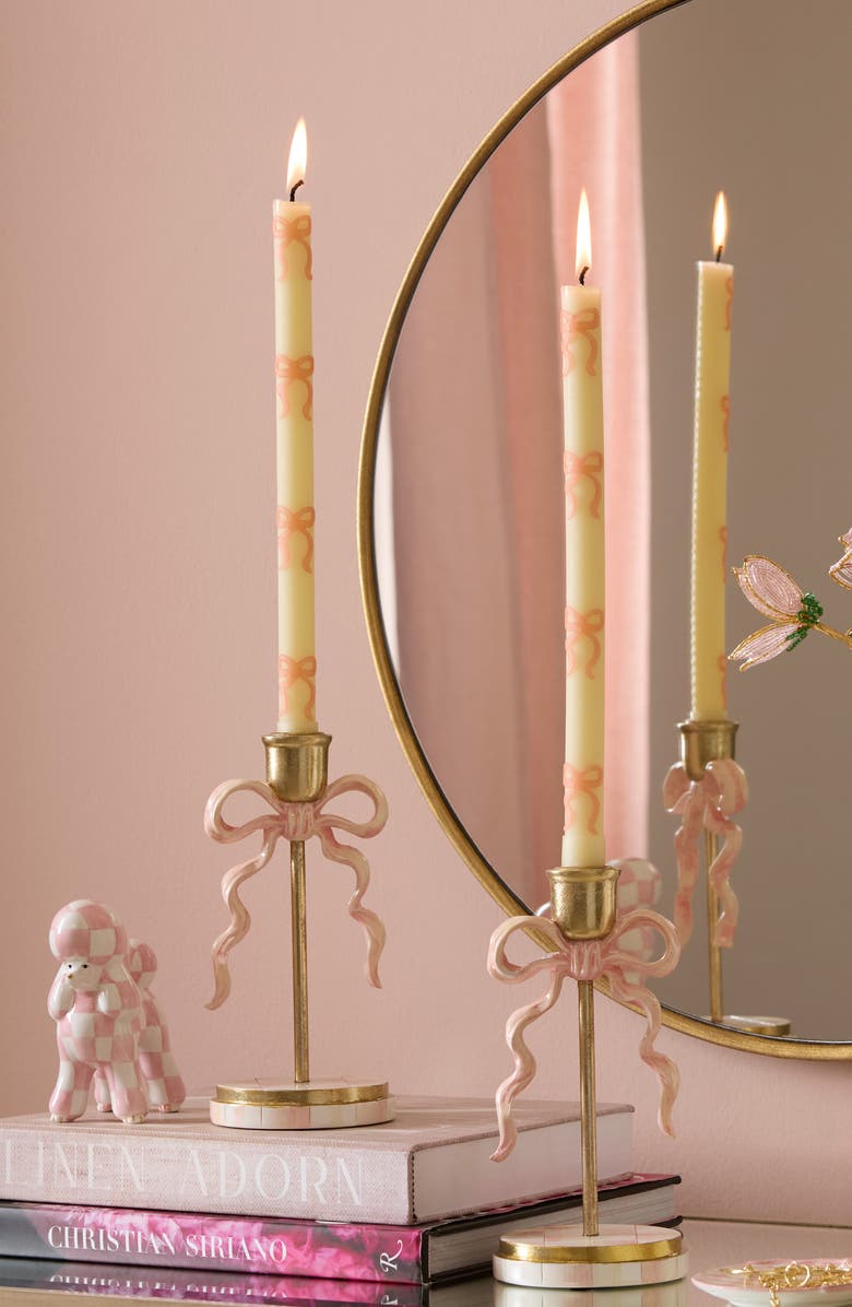 MACKENZIE CHILDS Set of 2 Pink Bow Taper Dinner Candles, Alternate, color, Pink
