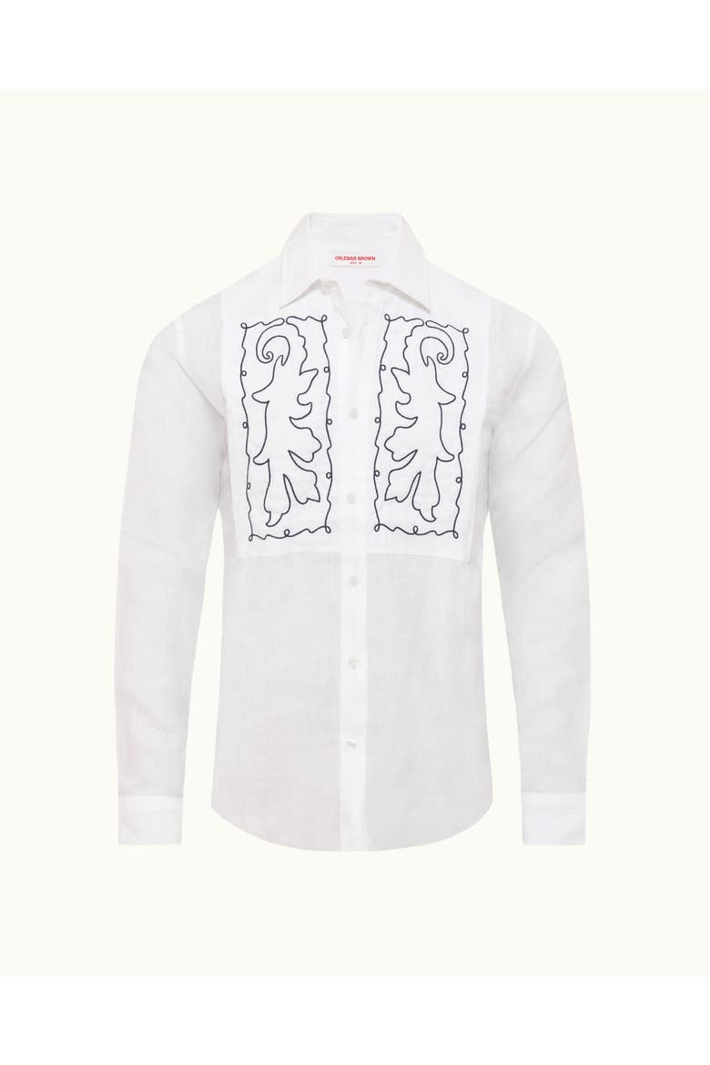 Giles Embroidery Tailored Fit Linen Embroidery Shirt, Alternate, color, White Sand/Night Iris