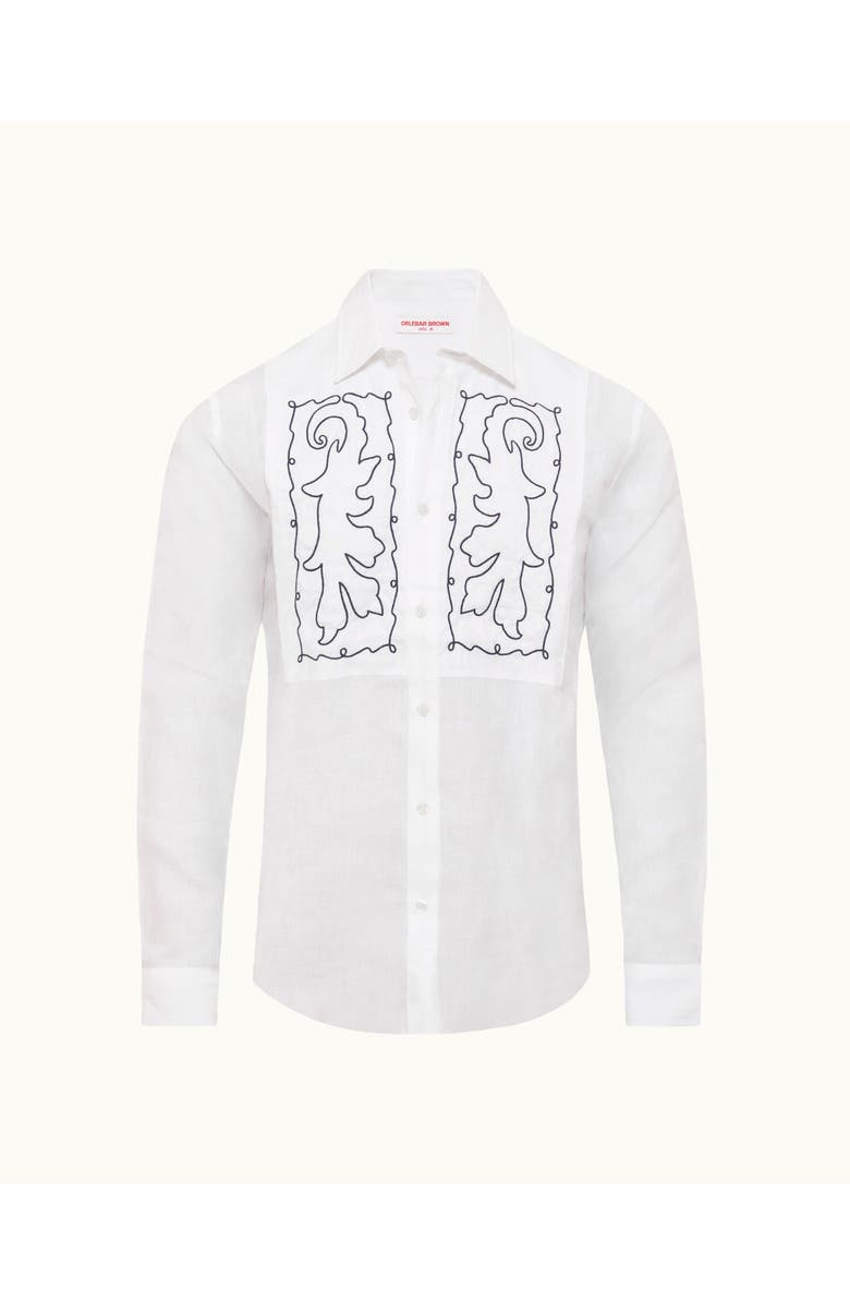 Orlebar Brown Giles Embroidery Tailored Fit Linen Embroidery Shirt, Main, color, White Sand/Night Iris
