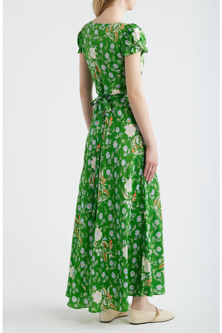 Valerine Print Ruffle Silk Blend Maxi Dress, Main, color, EMERALD HOLLYHOCK HILLS