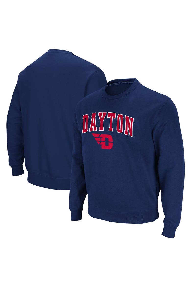 Men's Colosseum Navy Dayton Flyers Arch & Logo Tackle Twill Pullover Sweatshirt, Main, color, Navy