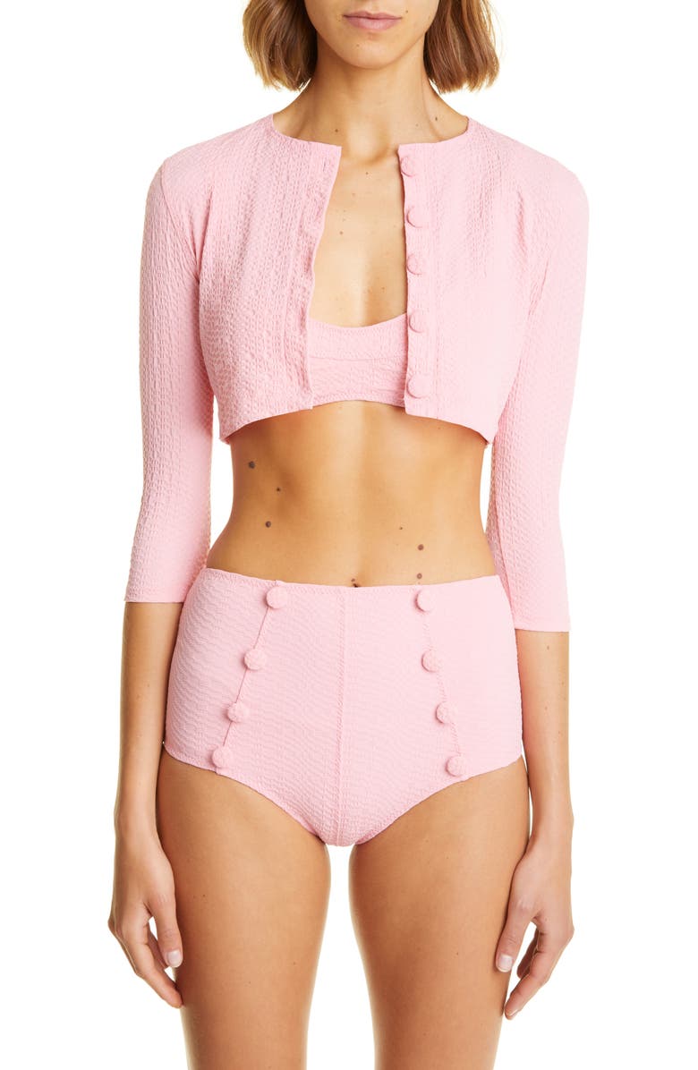 Lisa Marie Fernandez Crop Seersucker Cover-Up Cardigan, Alternate, color, 