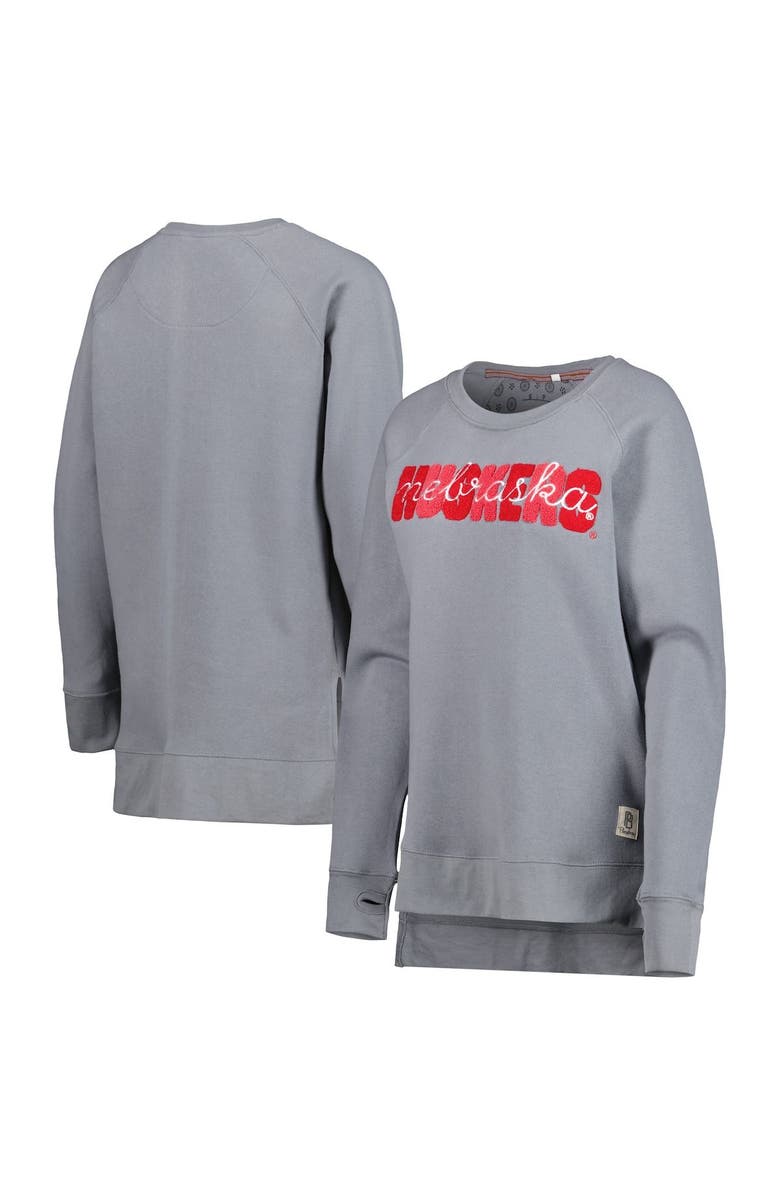 PRESSBOX Women's Pressbox Gray Nebraska Huskers Pinehurst Chenille Raglan Pullover Sweatshirt, Main, color, 