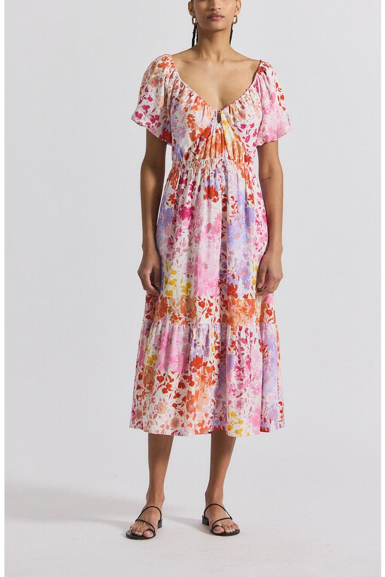 Laine Floral Print Tiered Midi Dress, Main, color, ROSE MULTI
