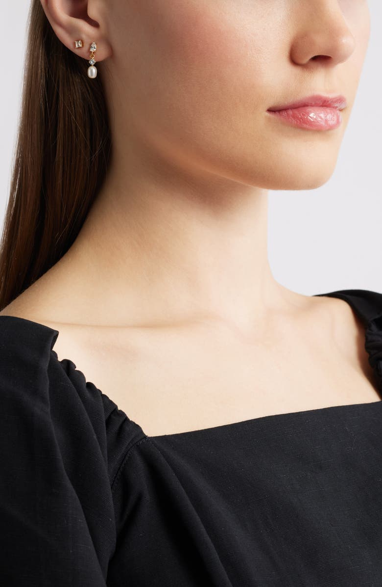 Nordstrom Set of 3 Demi Fine Cubic Zirconia Stud & Pearl Drop Earrings, Alternate, color, 14K Gold Plated