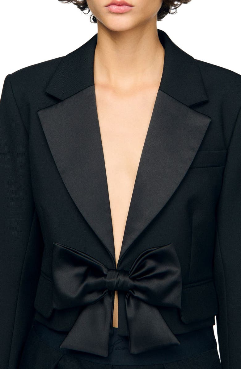 SANDRO Short satin bow jacket, Alternate, color, Black