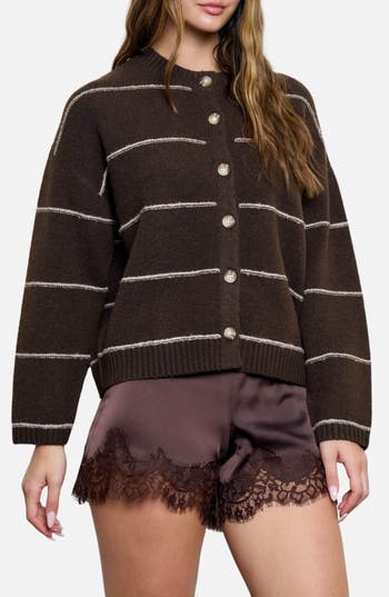 Blu Pepper Stripe Crewneck Cardigan In Dark Brown