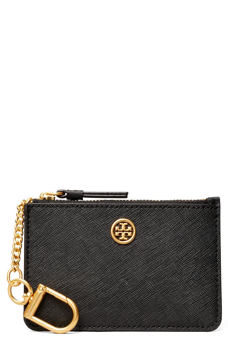 Tory Burch Robinson Leather Card Case with Key Chain, Main, color,