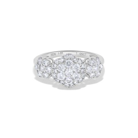 Triple Floral Round Diamond Cluster Ring in 14K White Gold