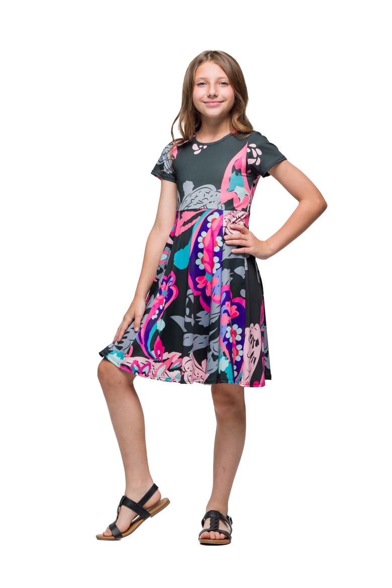 Black and Pink Paisley Fit and Flare Knee Length Dress, Alternate, color, Black Multi