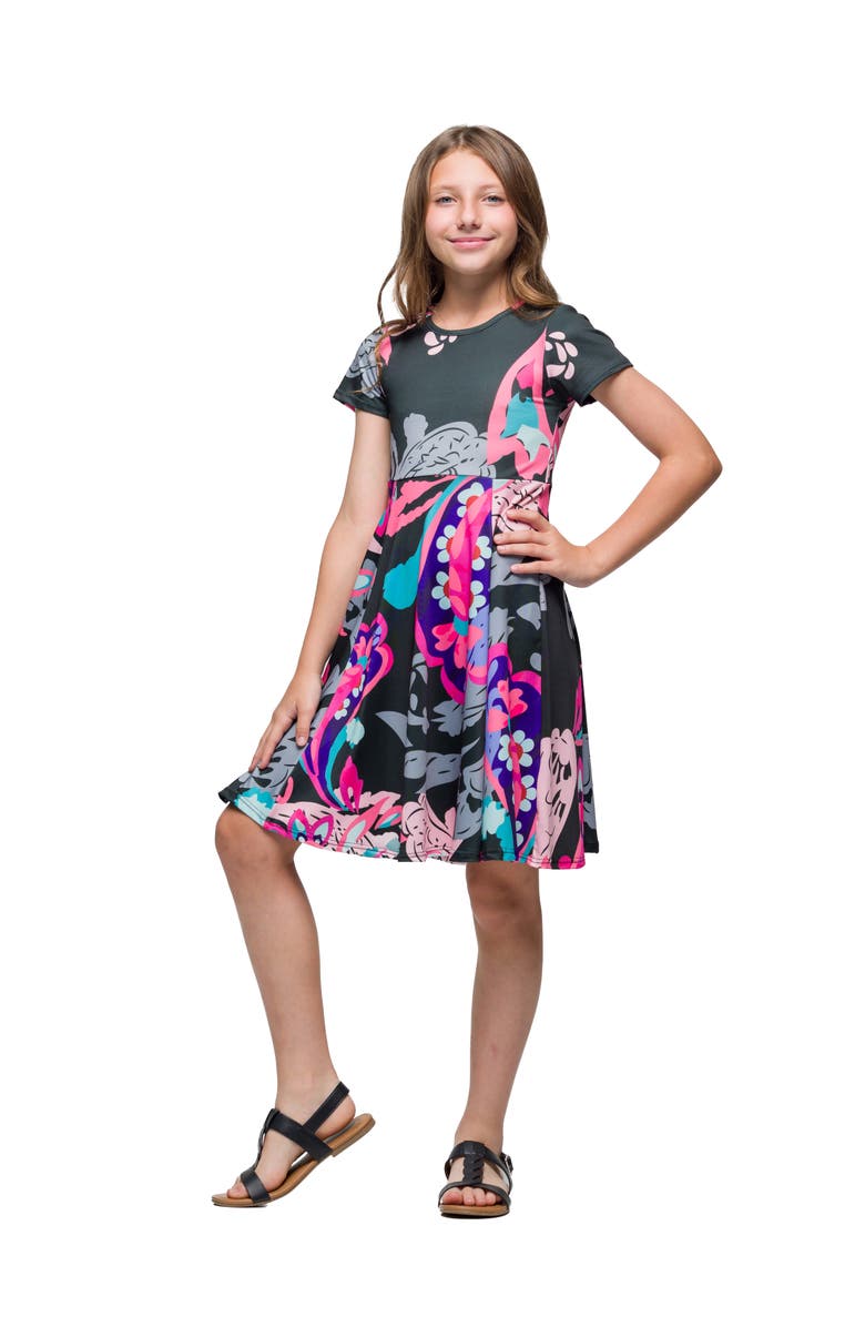 24sevenKid Black and Pink Paisley Fit and Flare Knee Length Dress, Alternate, color, Black Multi