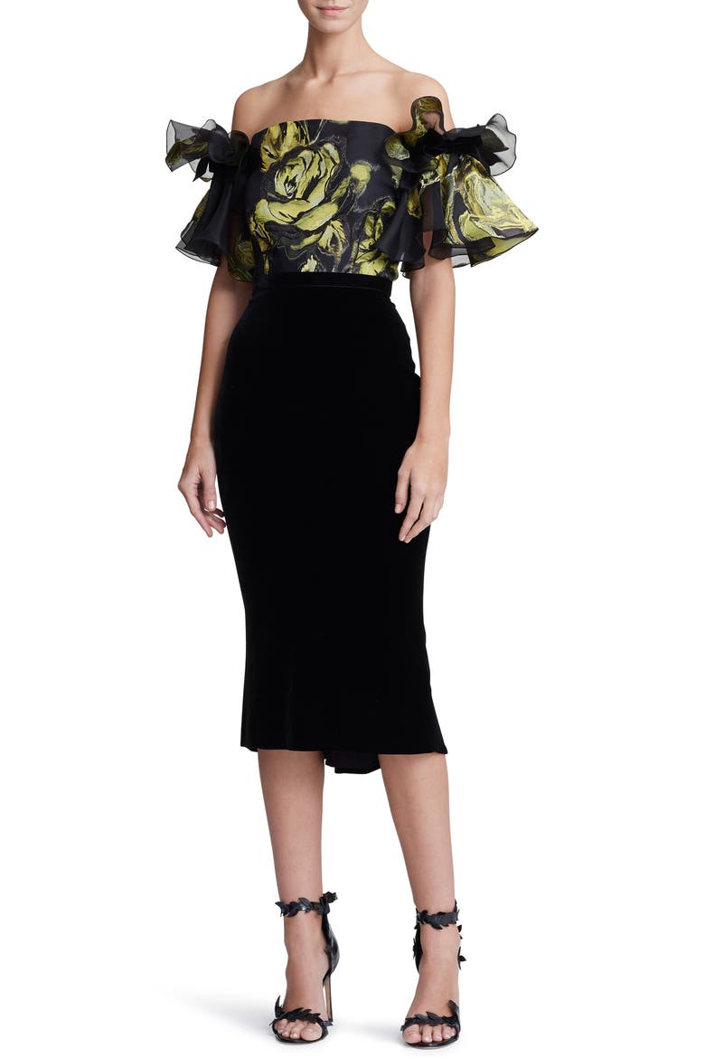 Ruffle Off the Shoulder Mixed Media Dress, Alternate, color, CITRINE