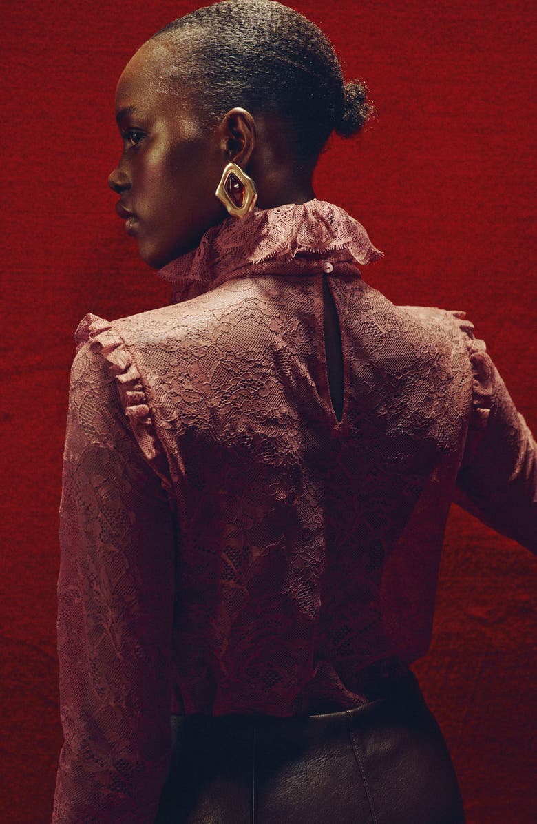 MANGO Ruffle Tie Neck Lace Top, Alternate, color,