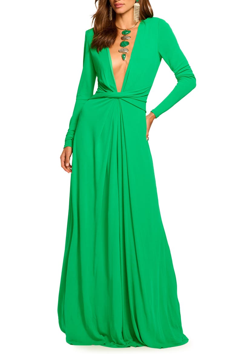 Martini Plunge Neck Long Sleeve Gown, Main, color, BRIGHT PALM