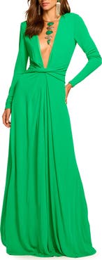 Ramy Brook Martini Plunge Neck Long Sleeve Gown