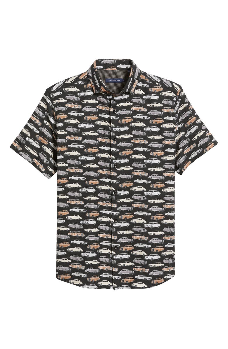 Stone Rose Ridin' Dirty Vintage Car Print Short Sleeve Stretch Cotton Blend Button-Up Shirt, Alternate, color, 