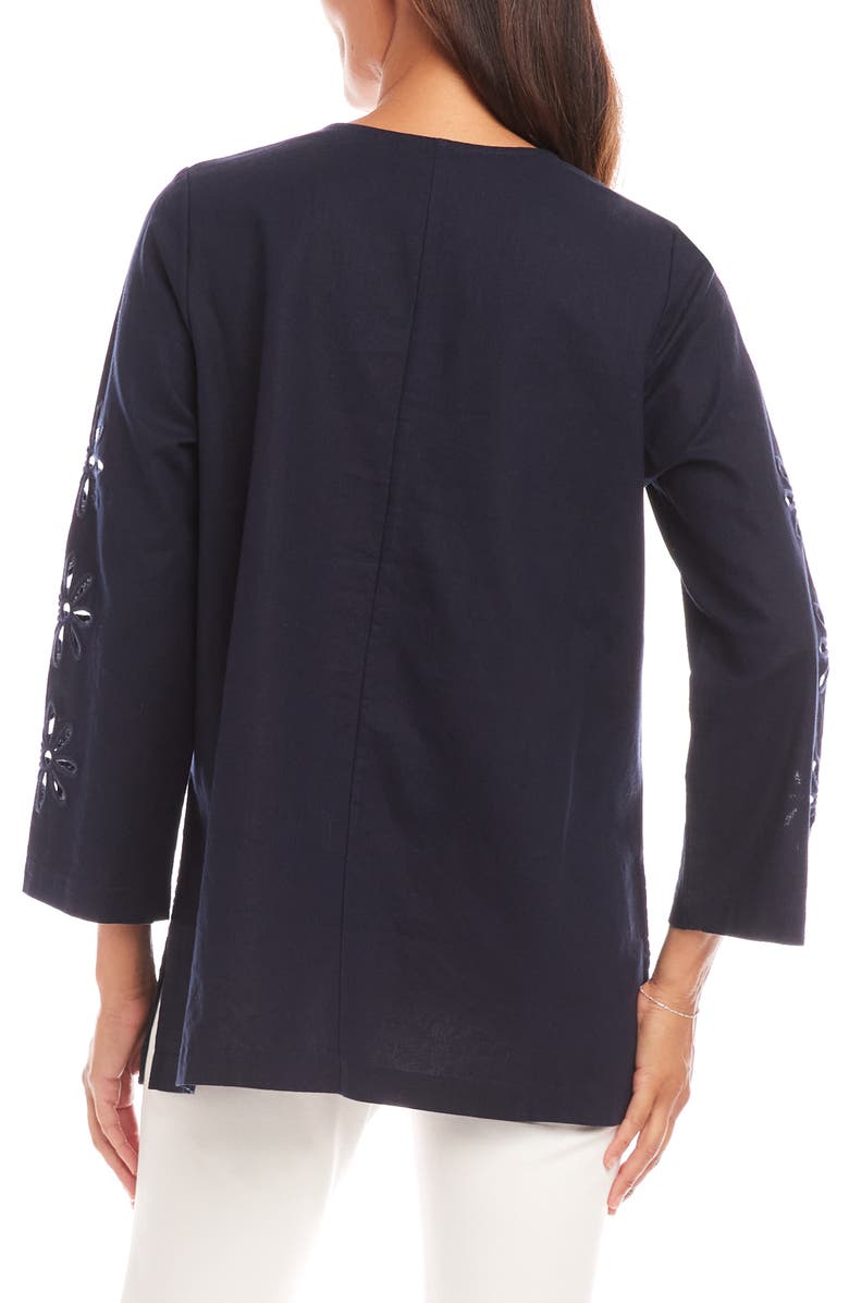 Karen Kane Floral Embroidered Eyelet Linen & Cotton Tunic Top, Alternate, color, Navy